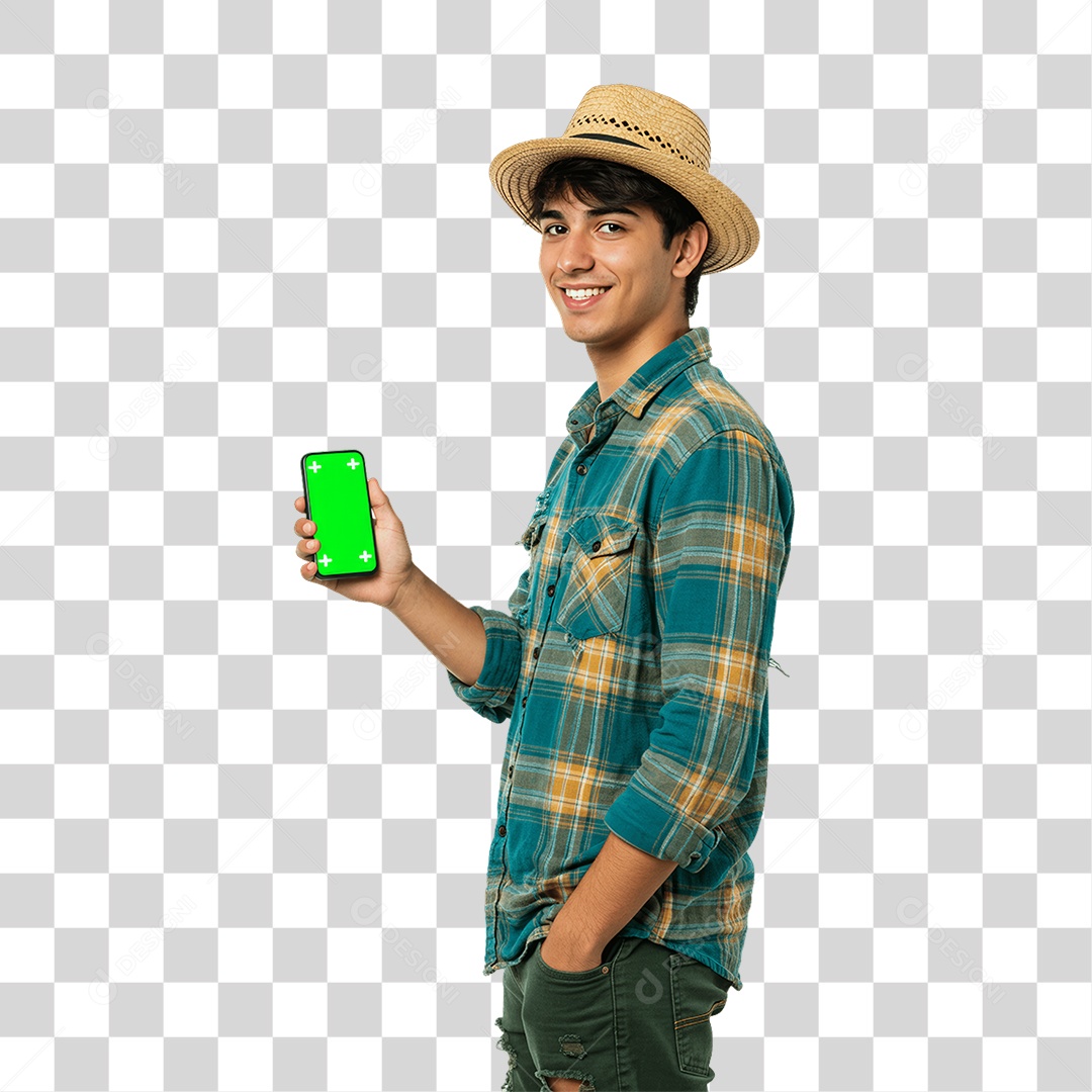 Homem com Roupa de Festa Junina Celular com Chroma Key PNG Transparente