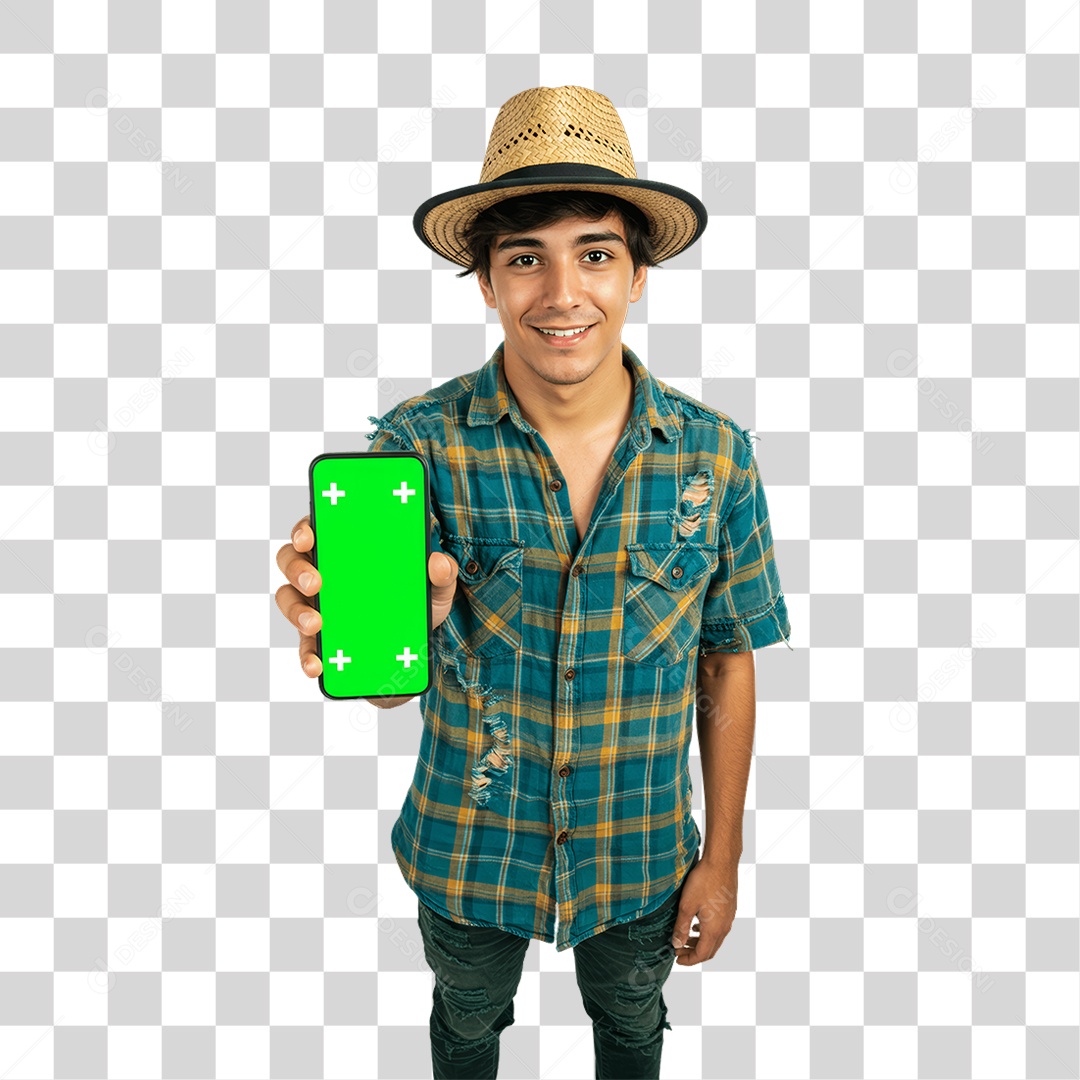 Homem com Roupa de Festa Junina Celular com Chroma Key PNG Transparente