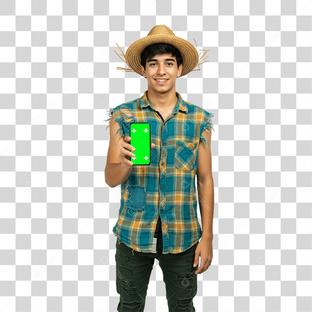 Homem com Roupa de Festa Junina Celular com Chroma Key PNG Transparente