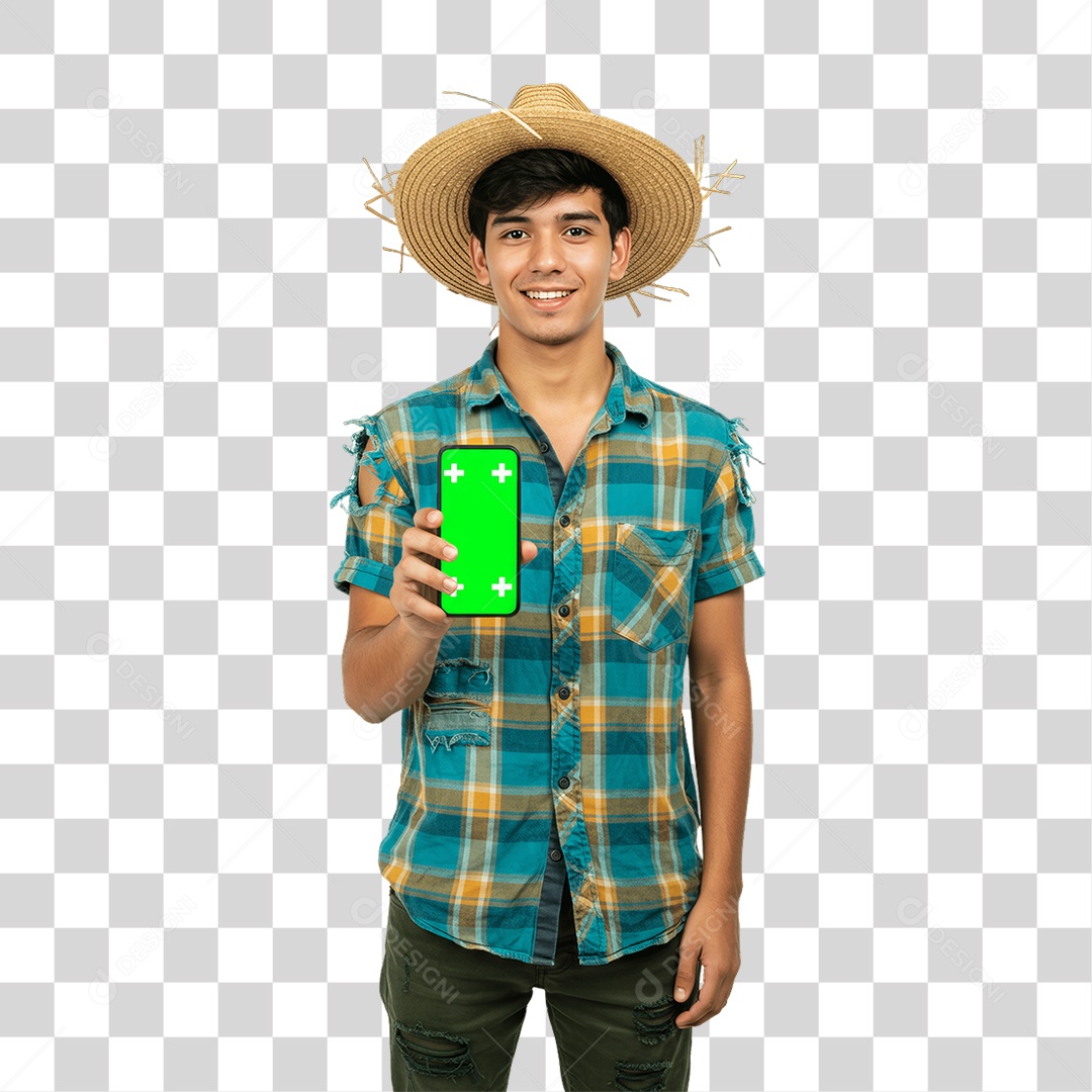 Homem com Roupa de Festa Junina Celular com Chroma Key PNG Transparente