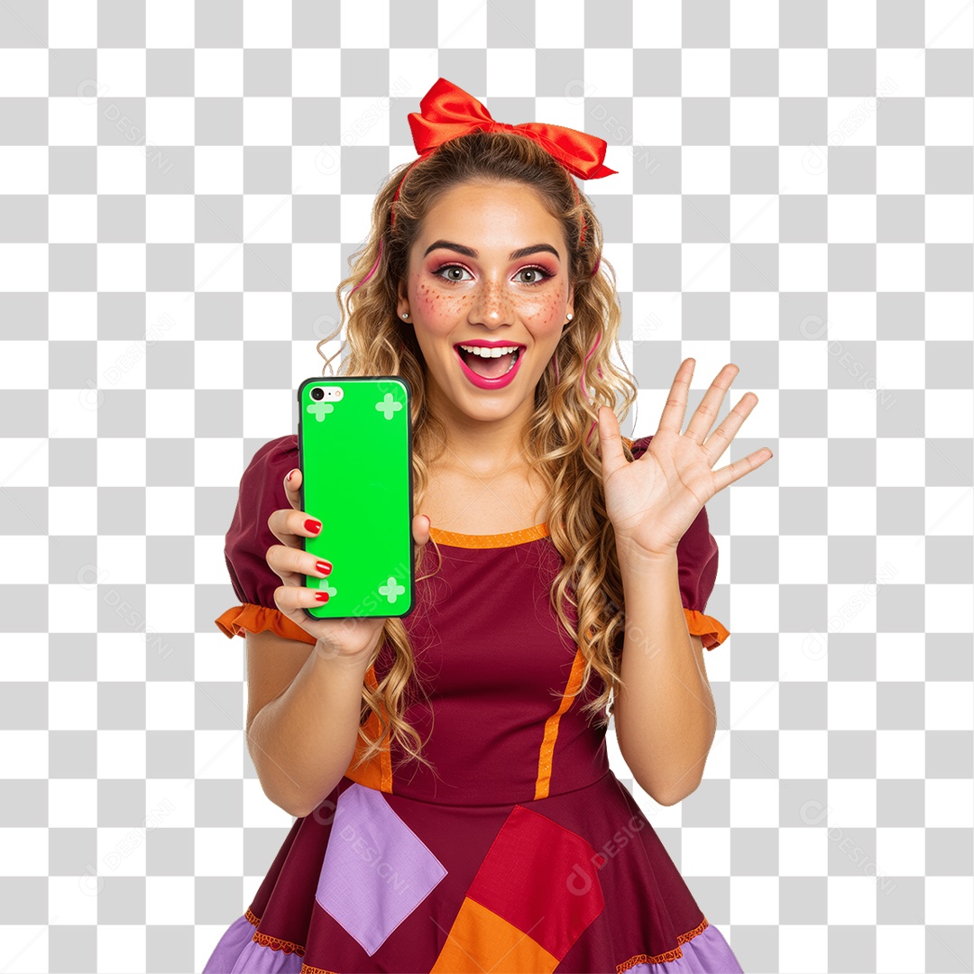 Mulher com Roupa de Festa Junina Celular com Chroma Key PNG Transparente