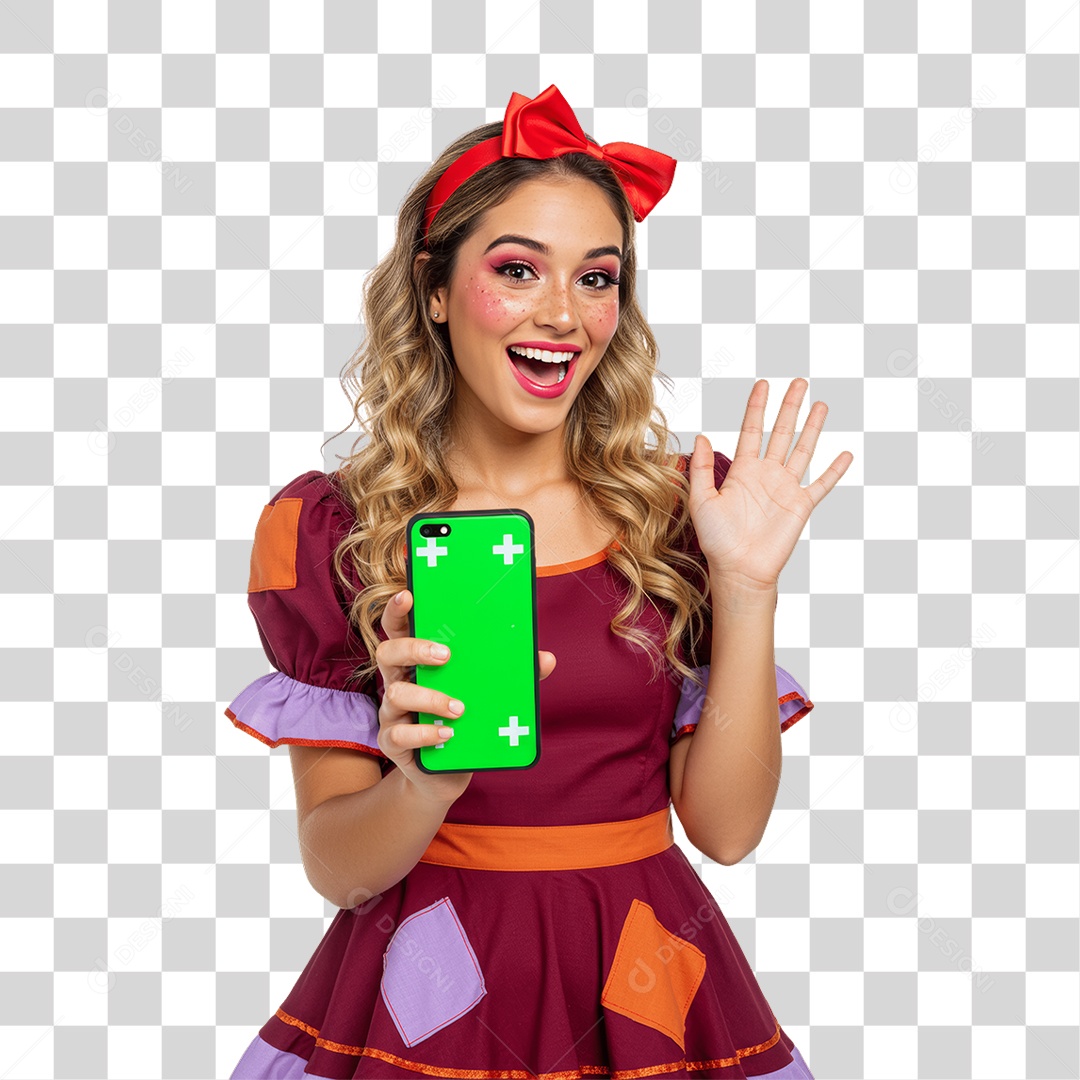 Mulher com Roupa de Festa Junina Celular com Chroma Key PNG Transparente