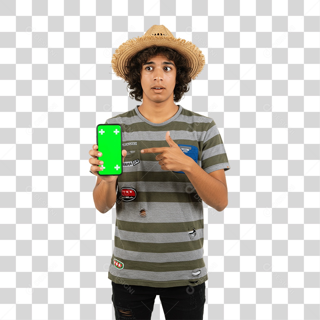 Homem com Roupa de Festa Junina Celular com Chroma Key PNG Transparente