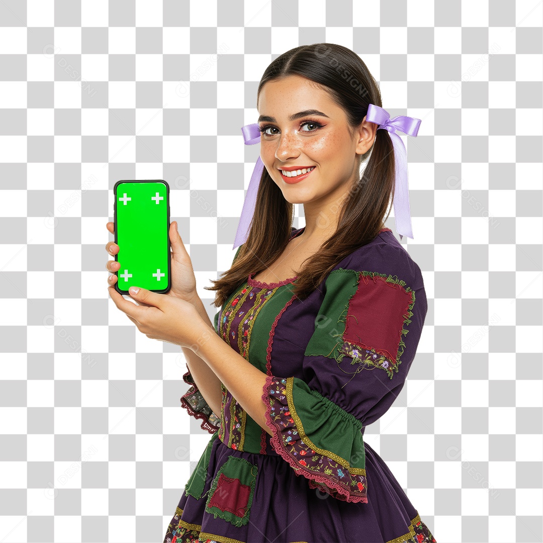 Mulher com Roupa de Festa Junina Celular com Chroma Key PNG Transparente