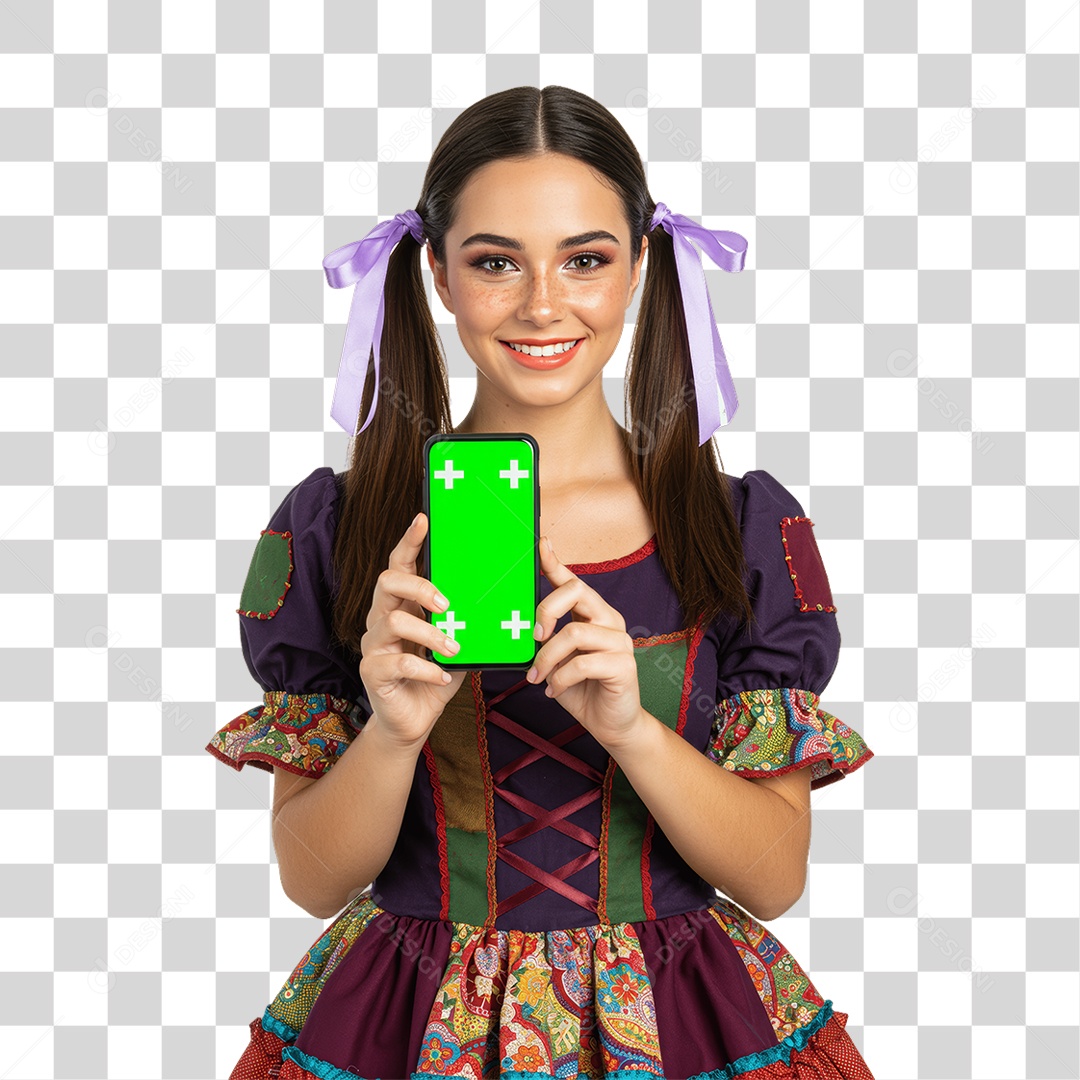 Mulher com Roupa de Festa Junina Celular com Chroma Key PNG Transparente