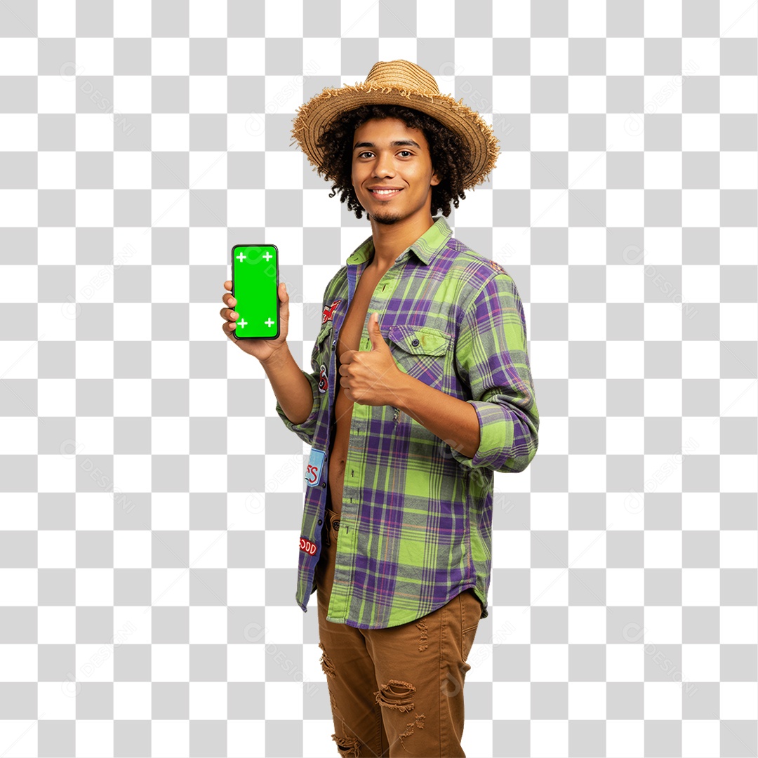 Homem com Roupa de Festa Junina Celular com Chroma Key PNG Transparente
