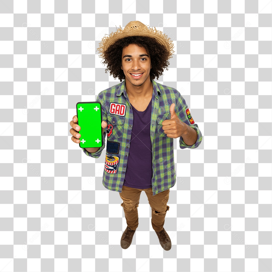 Homem com Roupa de Festa Junina Celular com Chroma Key PNG Transparente