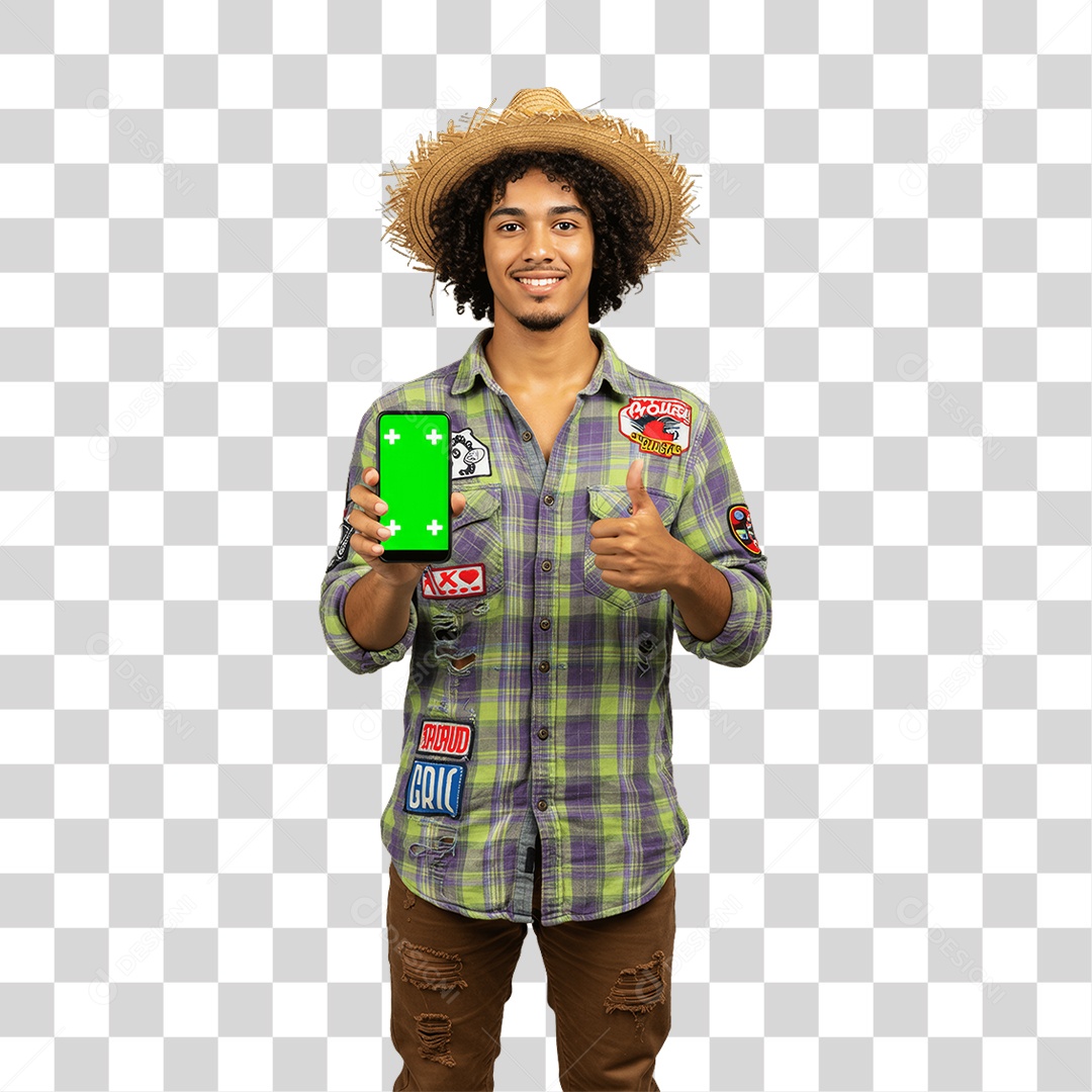 Homem com Roupa de Festa Junina Celular com Chroma Key PNG Transparente