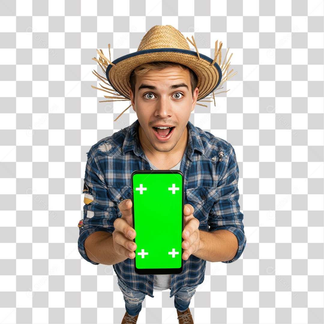 Homem com Roupa de Festa Junina Celular com Chroma Key PNG Transparente