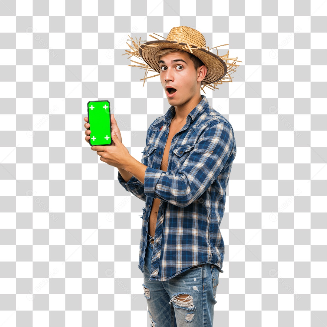 Homem com Roupa de Festa Junina Celular com Chroma Key PNG Transparente