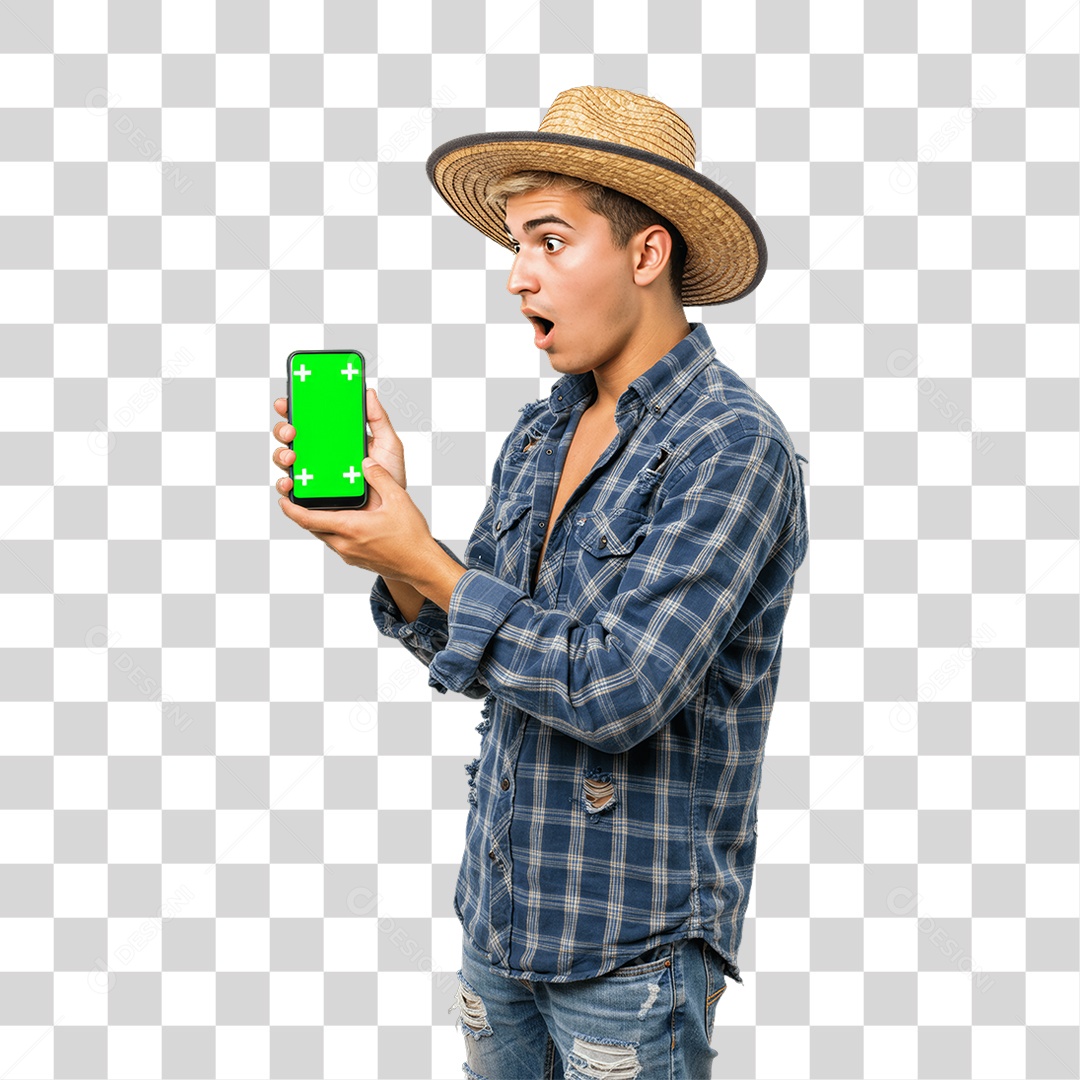 Homem com Roupa de Festa Junina Celular com Chroma Key PNG Transparente