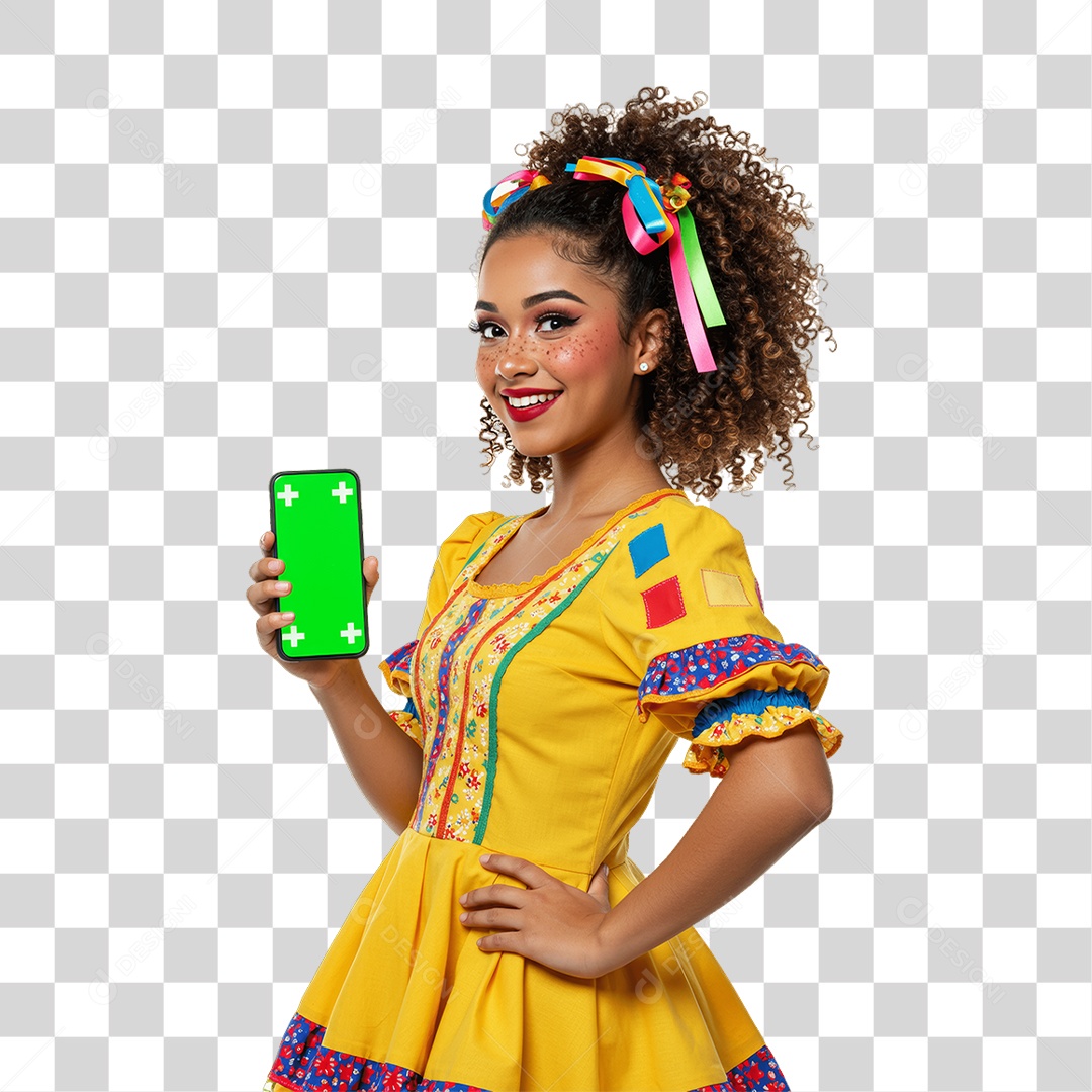 Mulher com Roupa de Festa Junina Celular com Chroma Key PNG Transparente