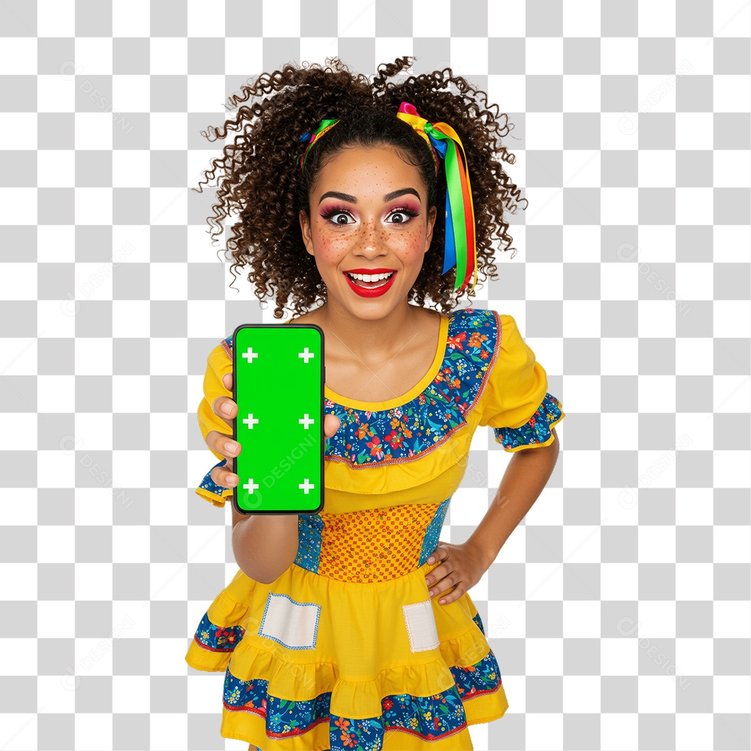 Mulher com Roupa de Festa Junina Celular com Chroma Key PNG Transparente