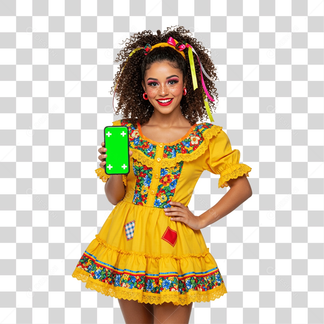 Mulher com Roupa de Festa Junina Celular com Chroma Key PNG Transparente