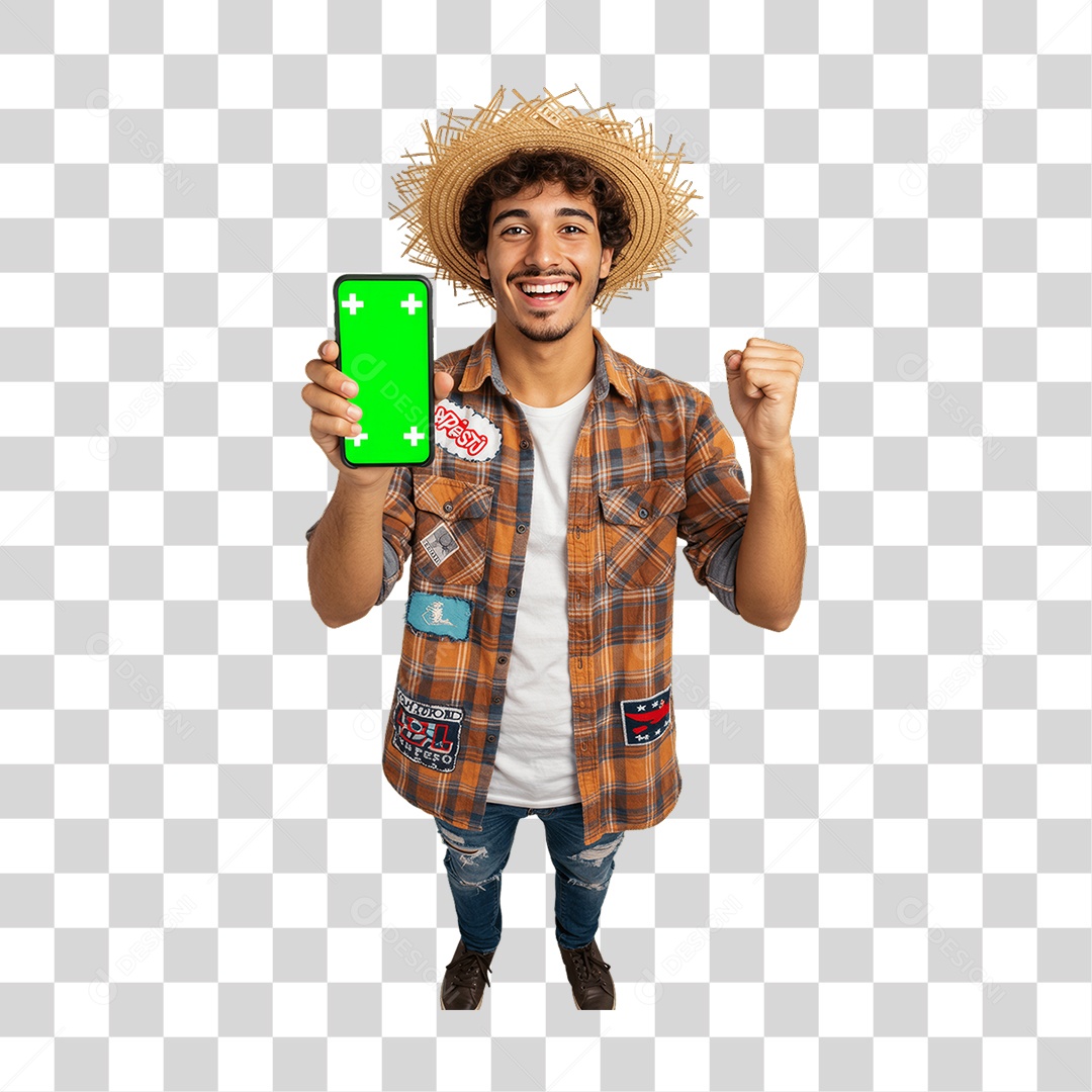 Homem com Roupa de Festa Junina Celular com Chroma Key PNG Transparente