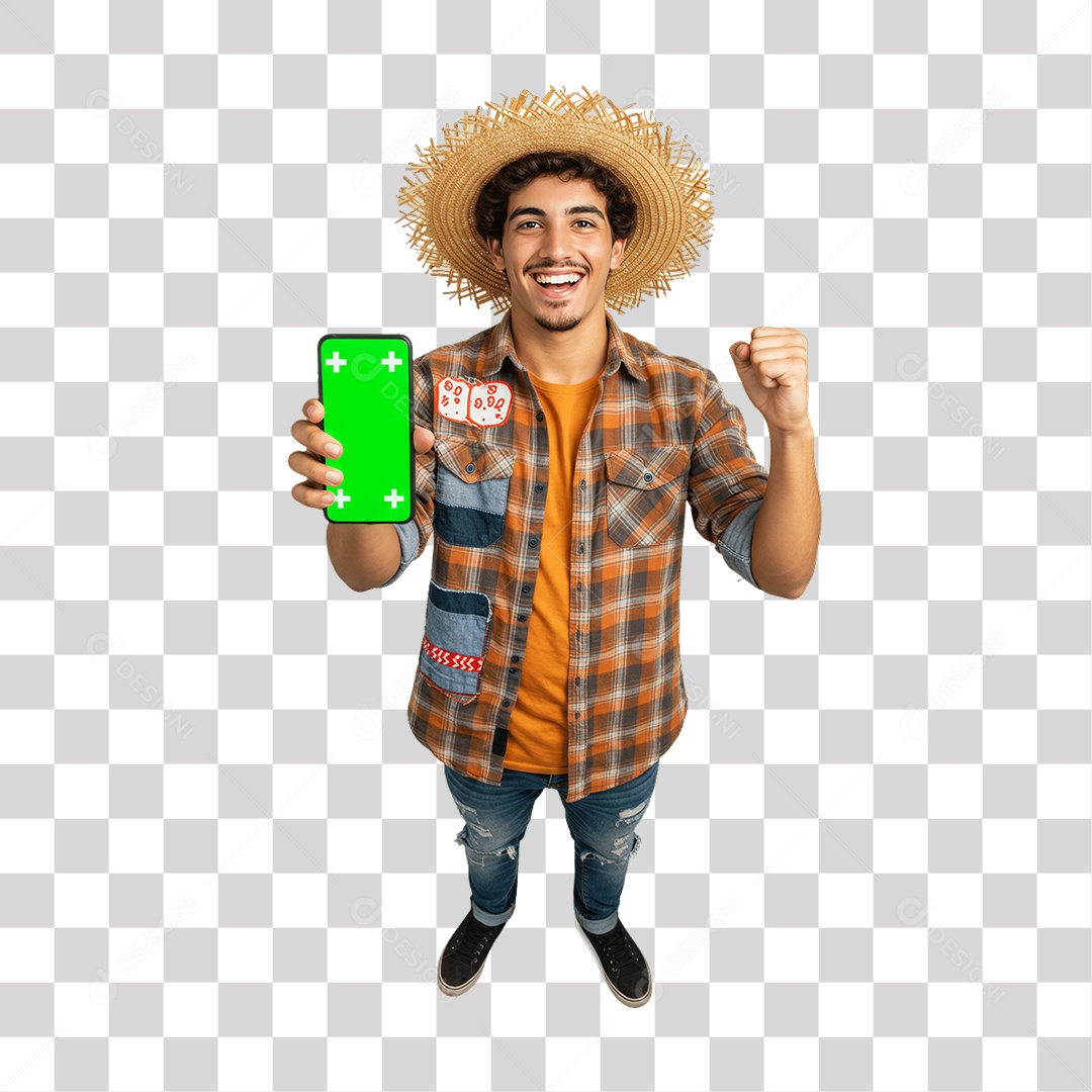 Homem com Roupa de Festa Junina Celular com Chroma Key PNG Transparente