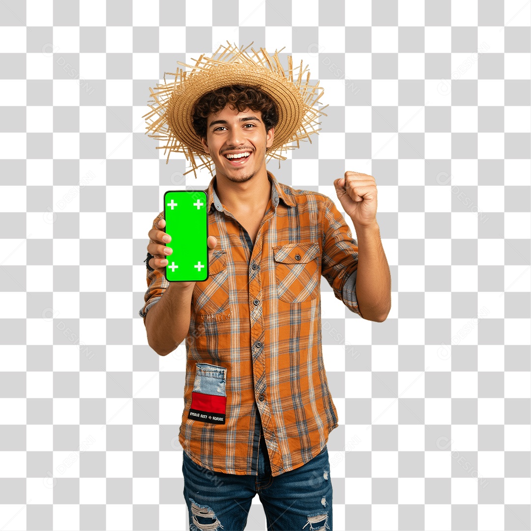 Homem com Roupa de Festa Junina Celular com Chroma Key PNG Transparente