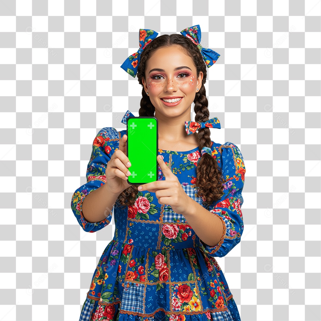 Mulher com Roupa de Festa Junina Celular com Chroma Key PNG Transparente