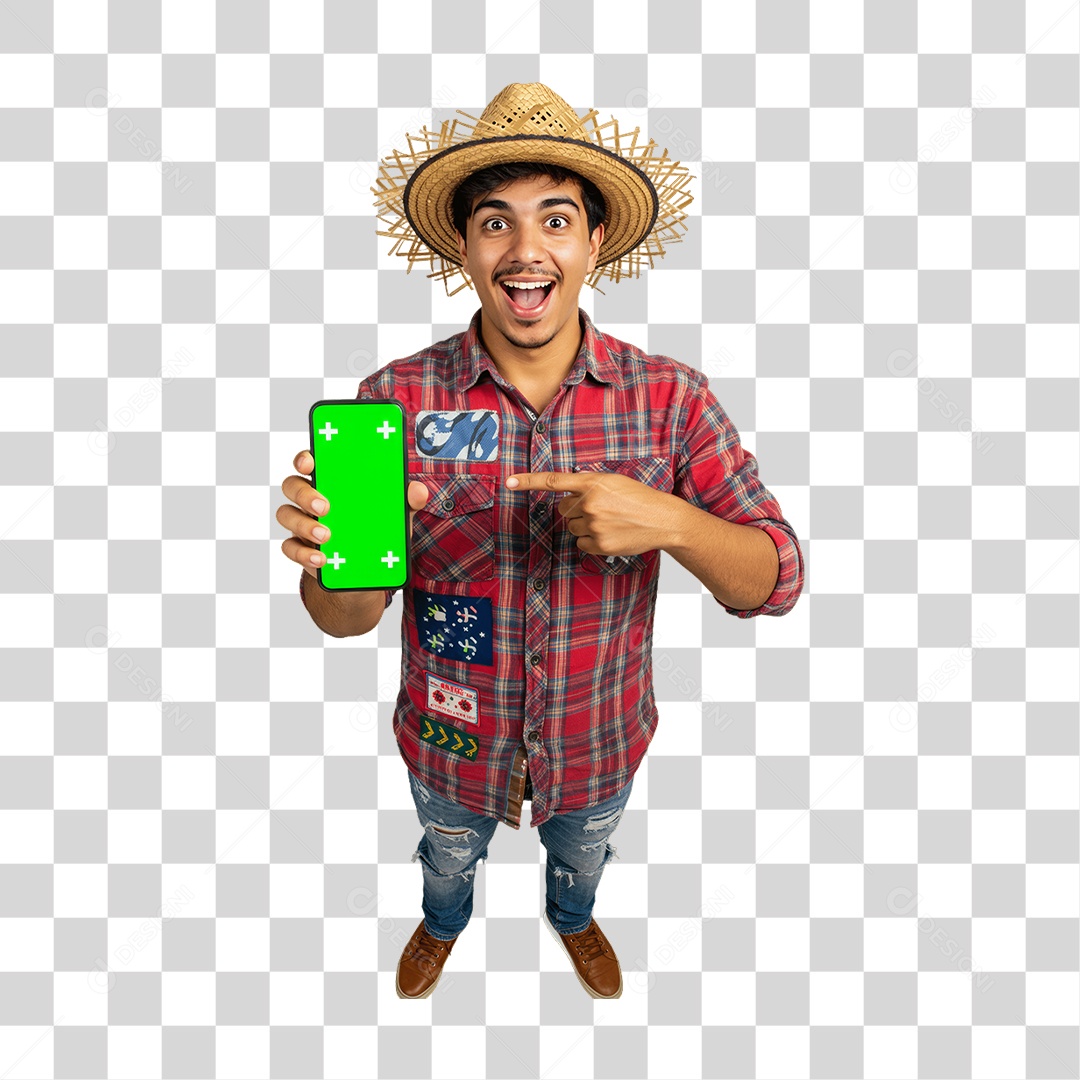 Homem com Roupa de Festa Junina Celular com Chroma Key PNG Transparente