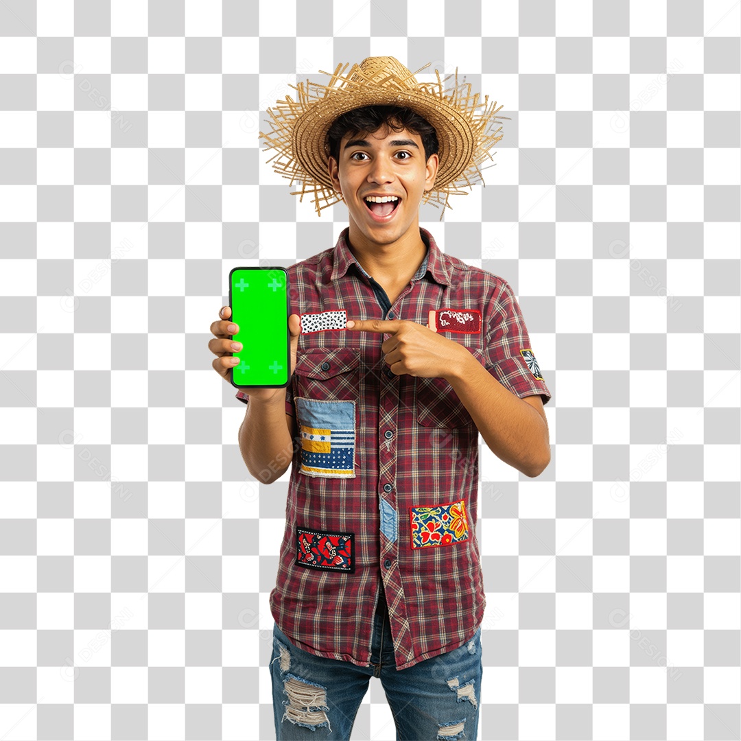 Homem com Roupa de Festa Junina Celular com Chroma Key PNG Transparente