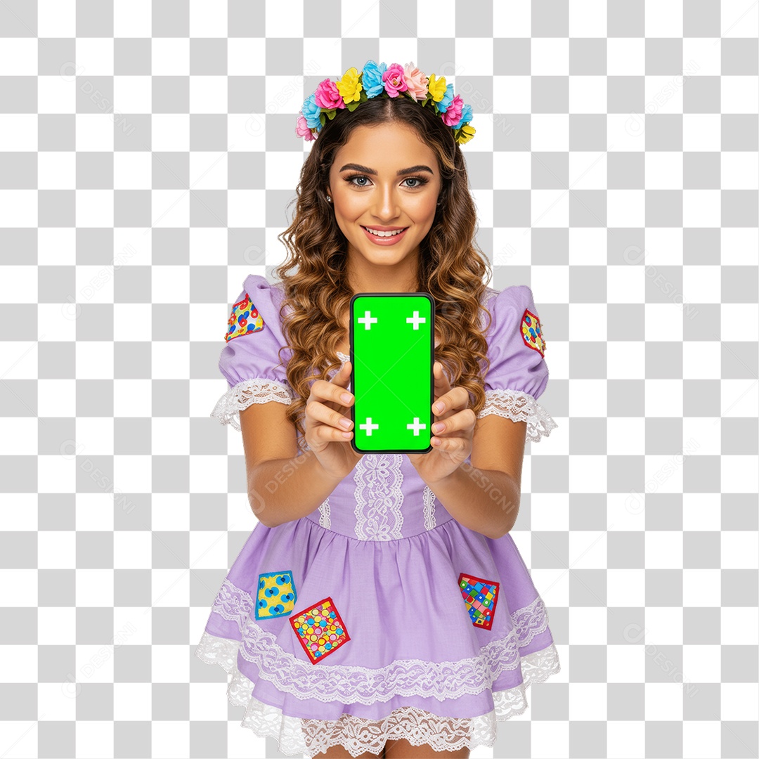 Mulher com Roupa de Festa Junina Celular com Chroma Key PNG Transparente
