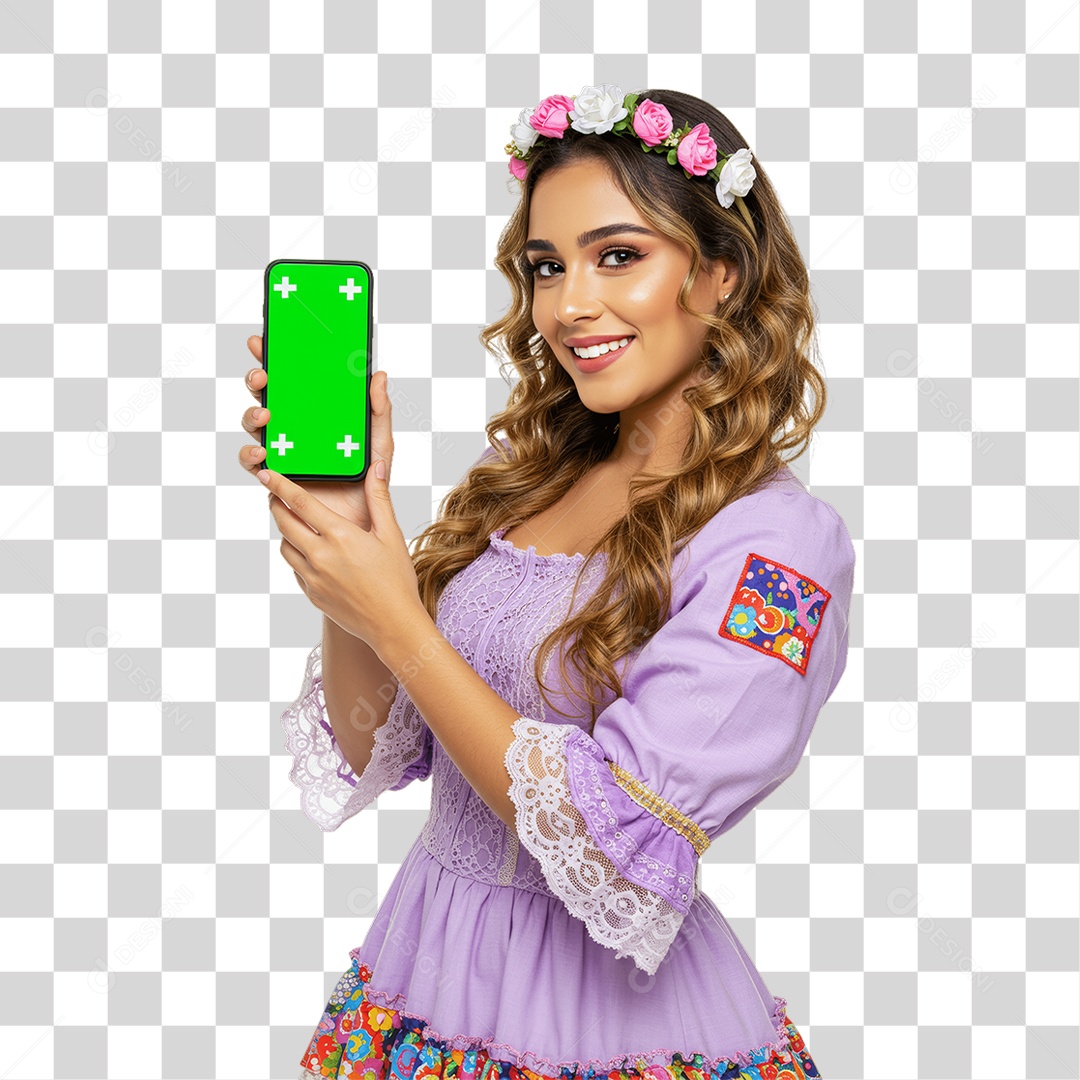 Mulher com Roupa de Festa Junina Celular com Chroma Key PNG Transparente