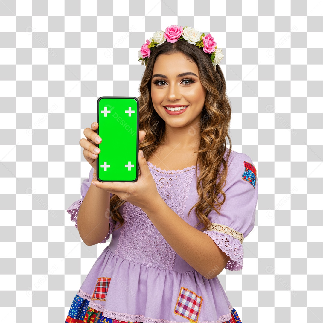 Mulher com Roupa de Festa Junina Celular com Chroma Key PNG Transparente