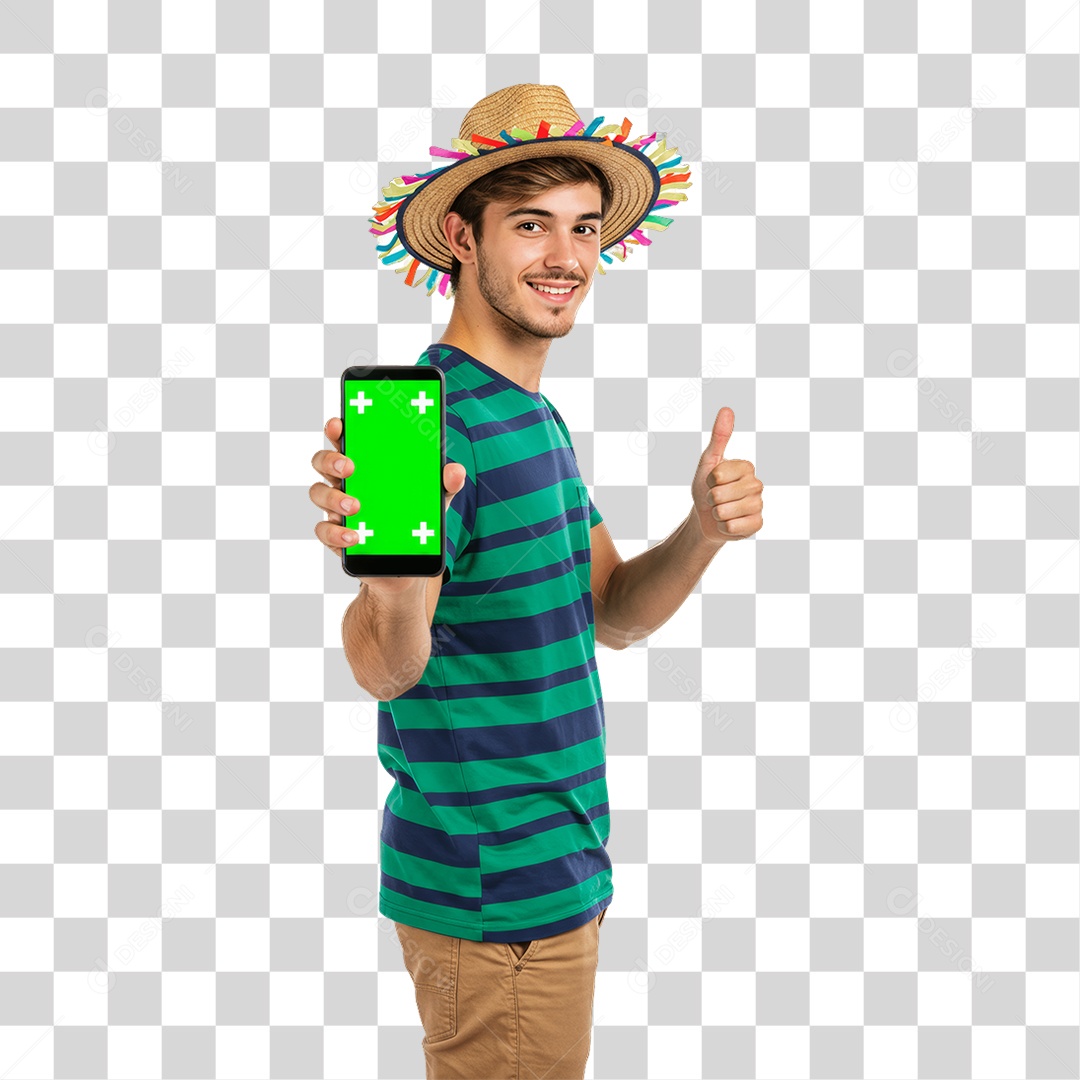 Homem com Roupa de Festa Junina Celular com Chroma Key PNG Transparente