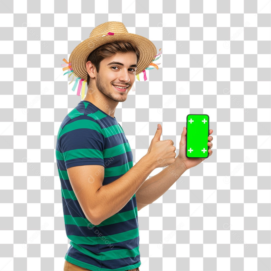 Homem com Roupa de Festa Junina Celular com Chroma Key PNG Transparente