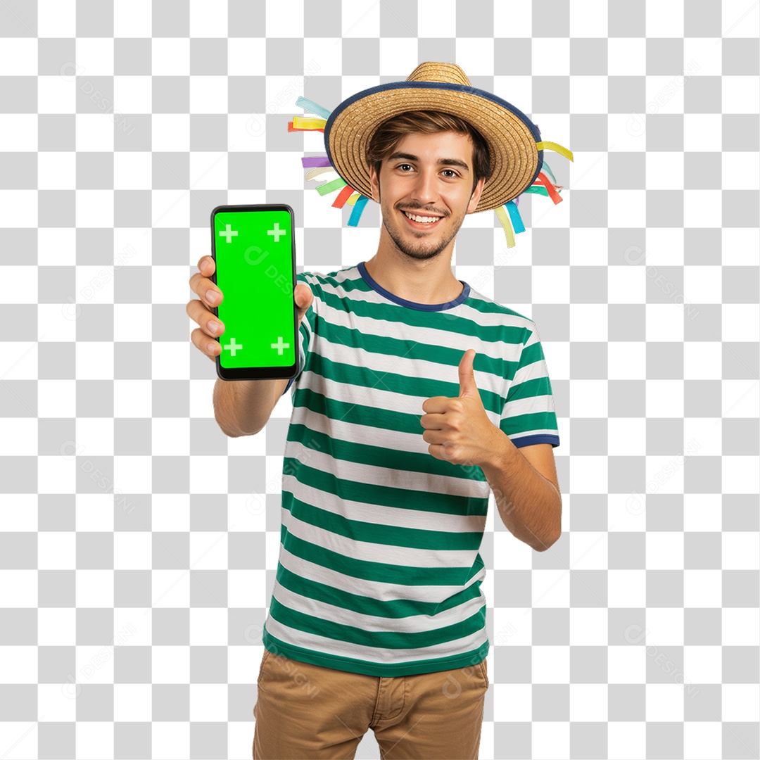 Homem com Roupa de Festa Junina Celular com Chroma Key PNG Transparente