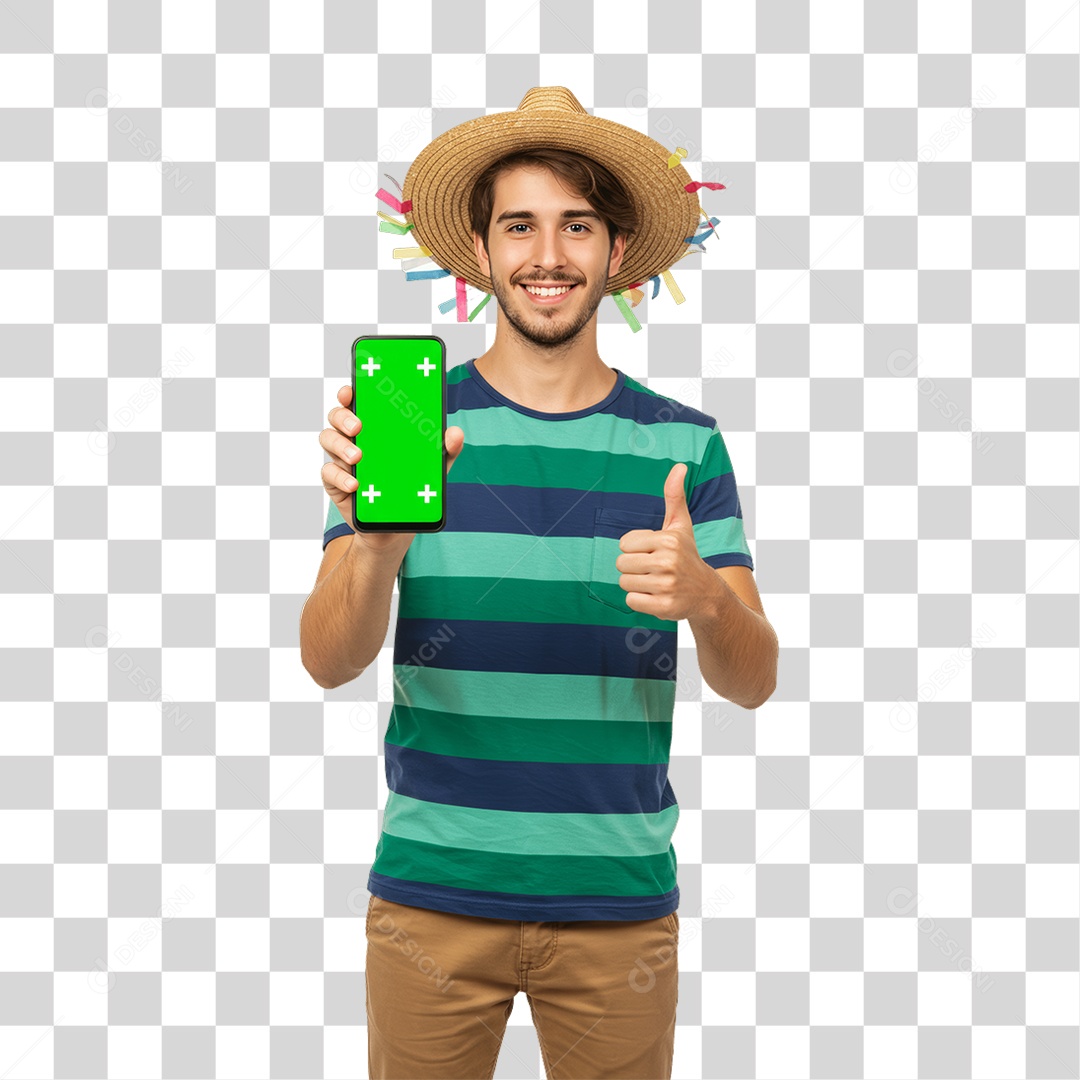 Homem com Roupa de Festa Junina Celular com Chroma Key PNG Transparente