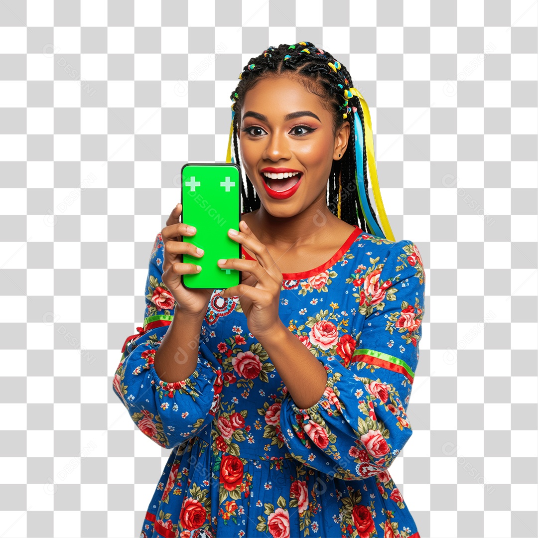 Mulher com Roupa de Festa Junina Celular com Chroma Key PNG Transparente