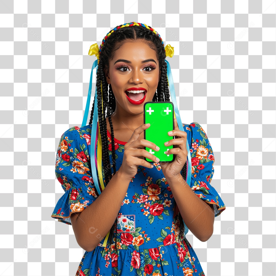 Mulher com Roupa de Festa Junina Celular com Chroma Key PNG Transparente