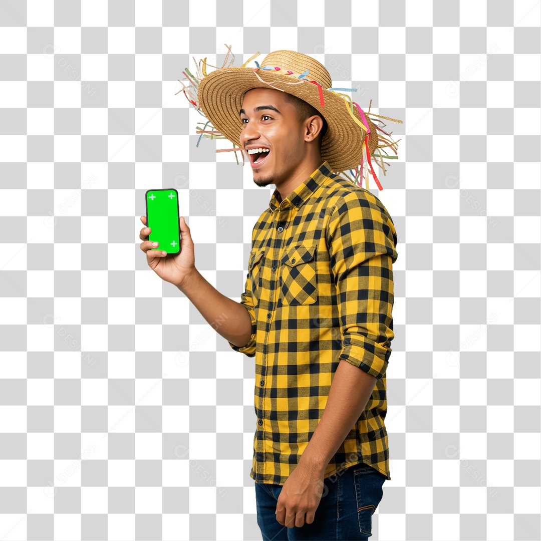 Homem com Roupa de Festa Junina Celular com Chroma Key PNG Transparente