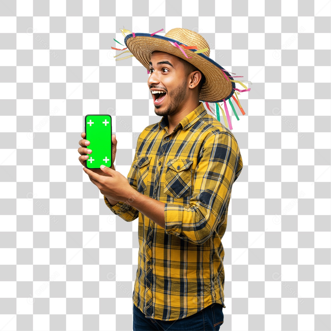 Homem com Roupa de Festa Junina Celular com Chroma Key PNG Transparente