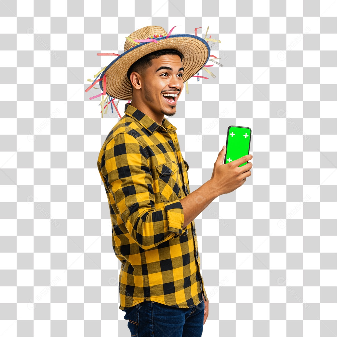 Homem com Roupa de Festa Junina Celular com Chroma Key PNG Transparente