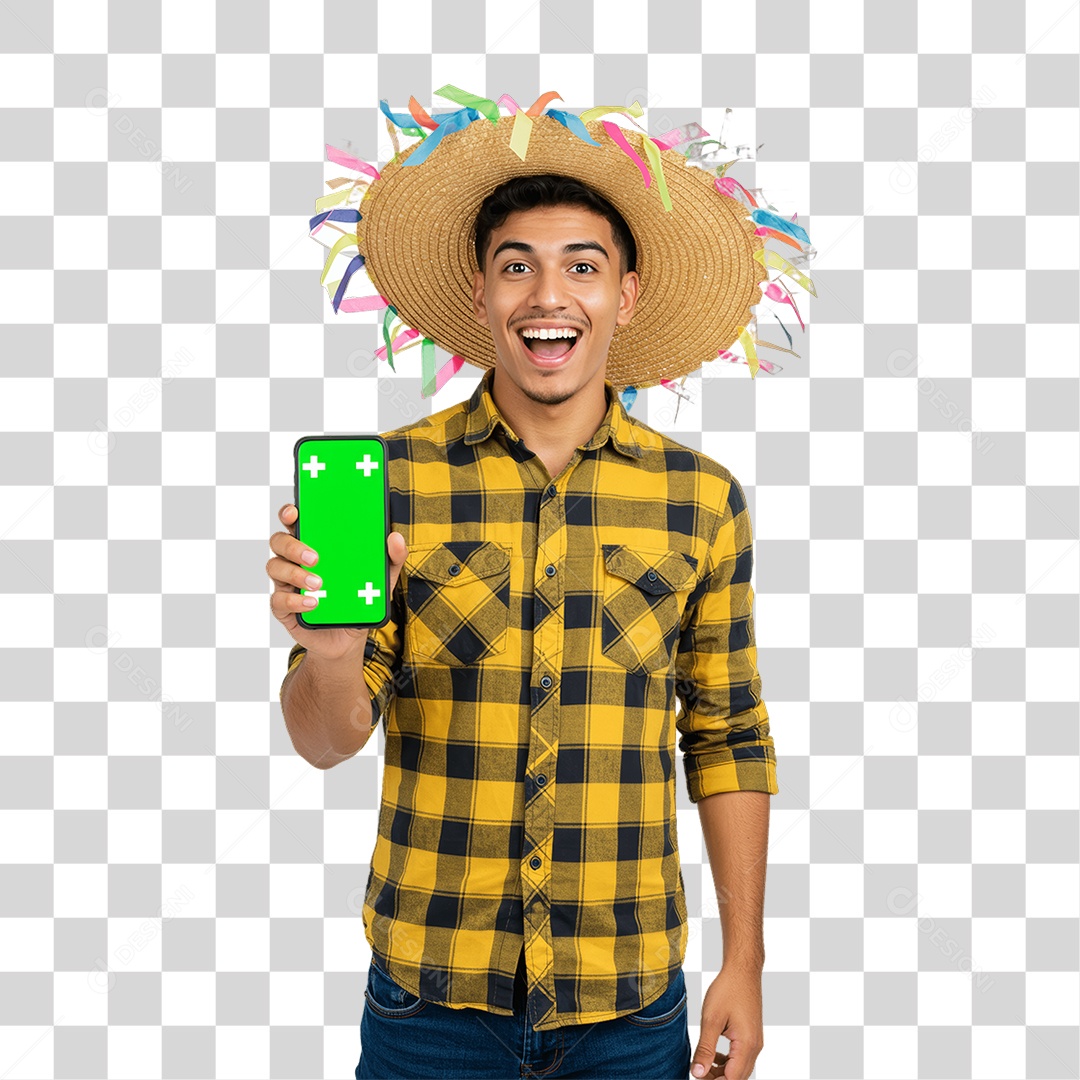 Homem com Roupa de Festa Junina Celular com Chroma Key PNG Transparente