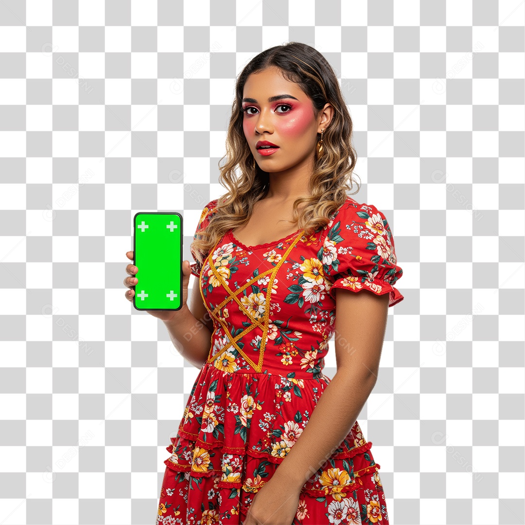 Mulher com Roupa de Festa Junina Celular com Chroma Key PNG Transparente