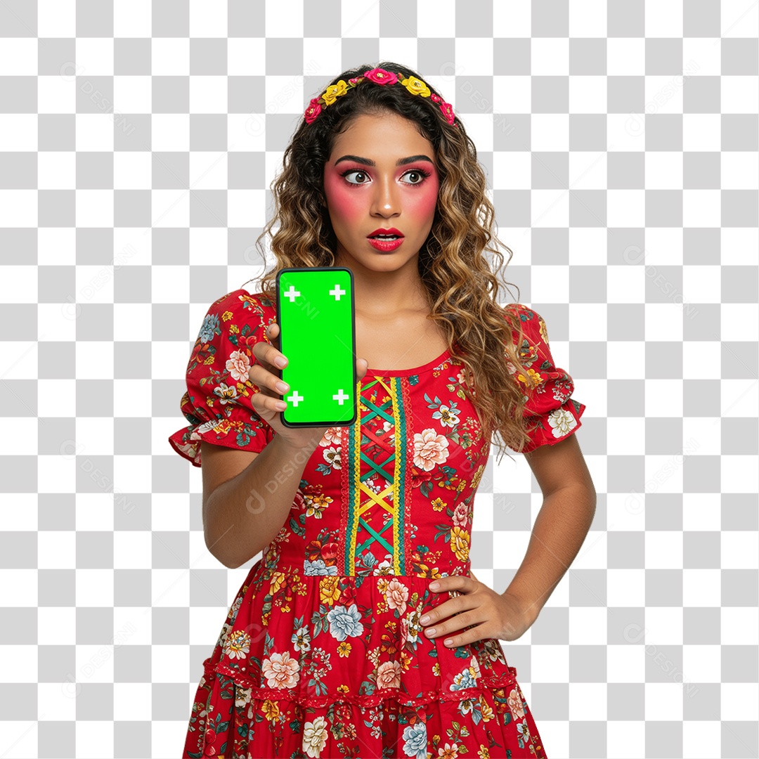 Mulher com Roupa de Festa Junina Celular com Chroma Key PNG Transparente