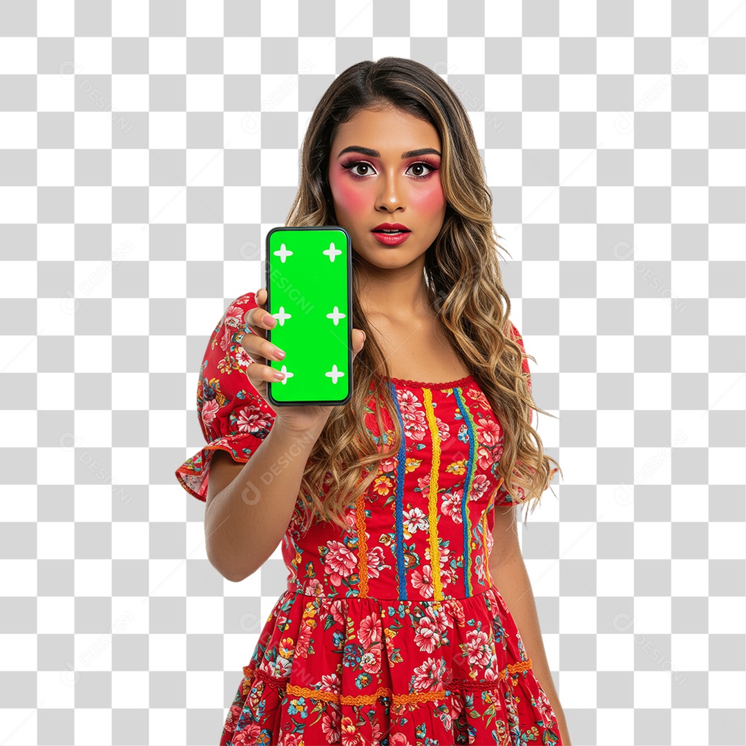 Mulher com Roupa de Festa Junina Celular com Chroma Key PNG Transparente