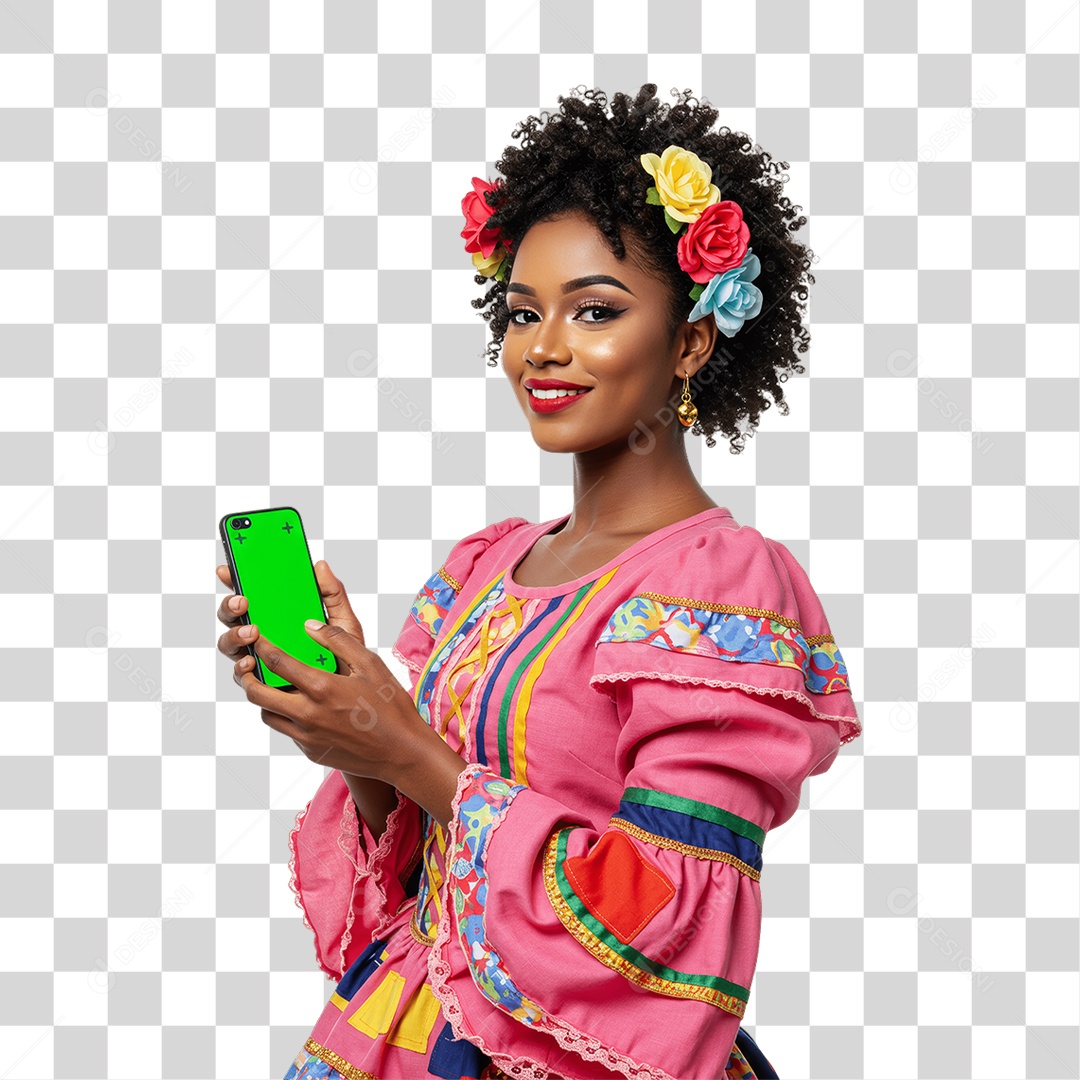 Mulher com Roupa de Festa Junina Celular com Chroma Key PNG Transparente