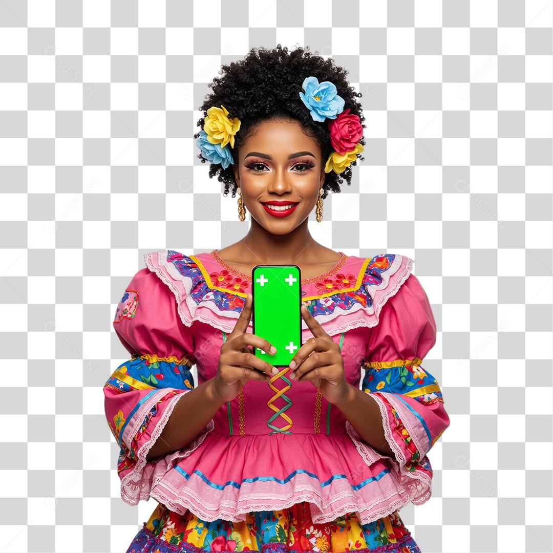 Mulher com Roupa de Festa Junina Celular com Chroma Key PNG Transparente
