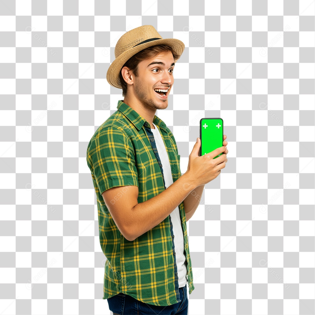 Homem com Roupa de Festa Junina Celular com Chroma Key PNG Transparente