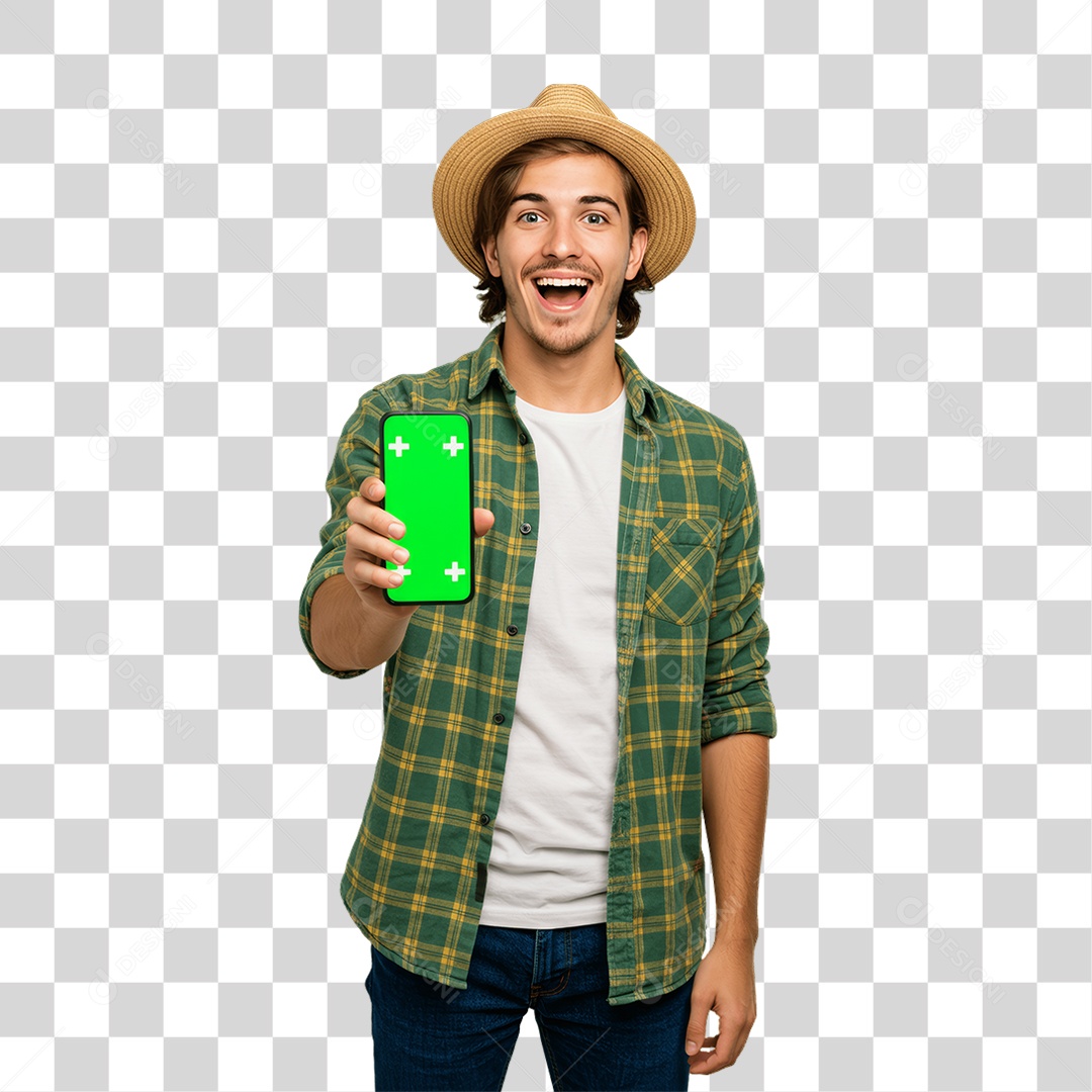 Homem com Roupa de Festa Junina Celular com Chroma Key PNG Transparente