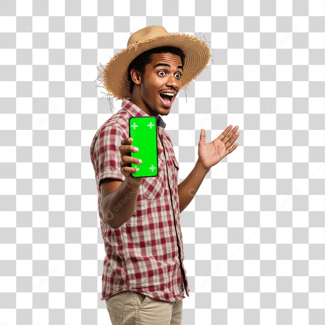 Homem com Roupa de Festa Junina Celular com Chroma Key PNG Transparente