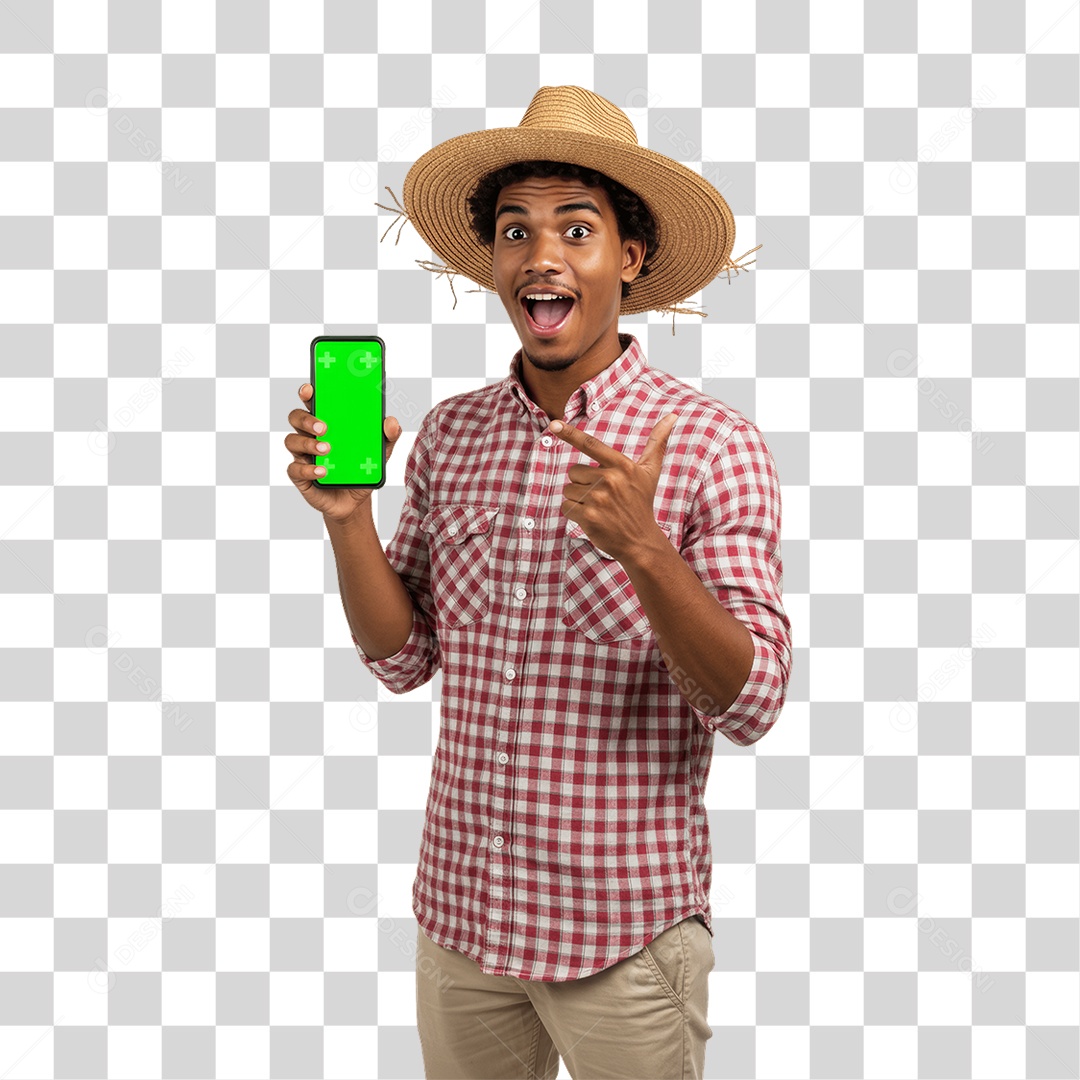 Homem com Roupa de Festa Junina Celular com Chroma Key PNG Transparente