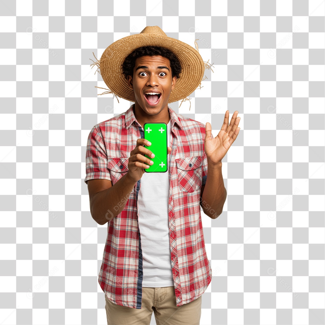 Homem com Roupa de Festa Junina Celular com Chroma Key PNG Transparente