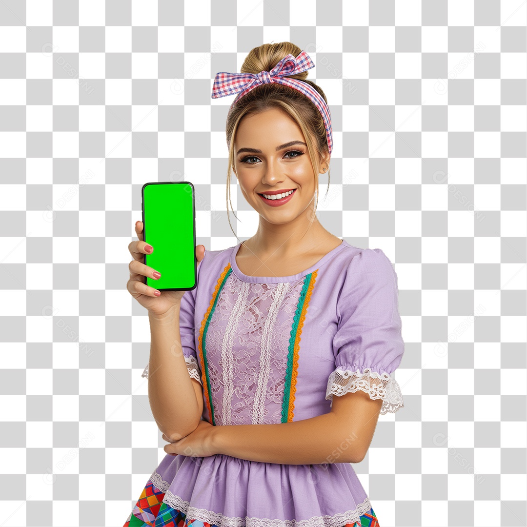 Mulher com Roupa de Festa Junina Celular com Chroma Key PNG Transparente
