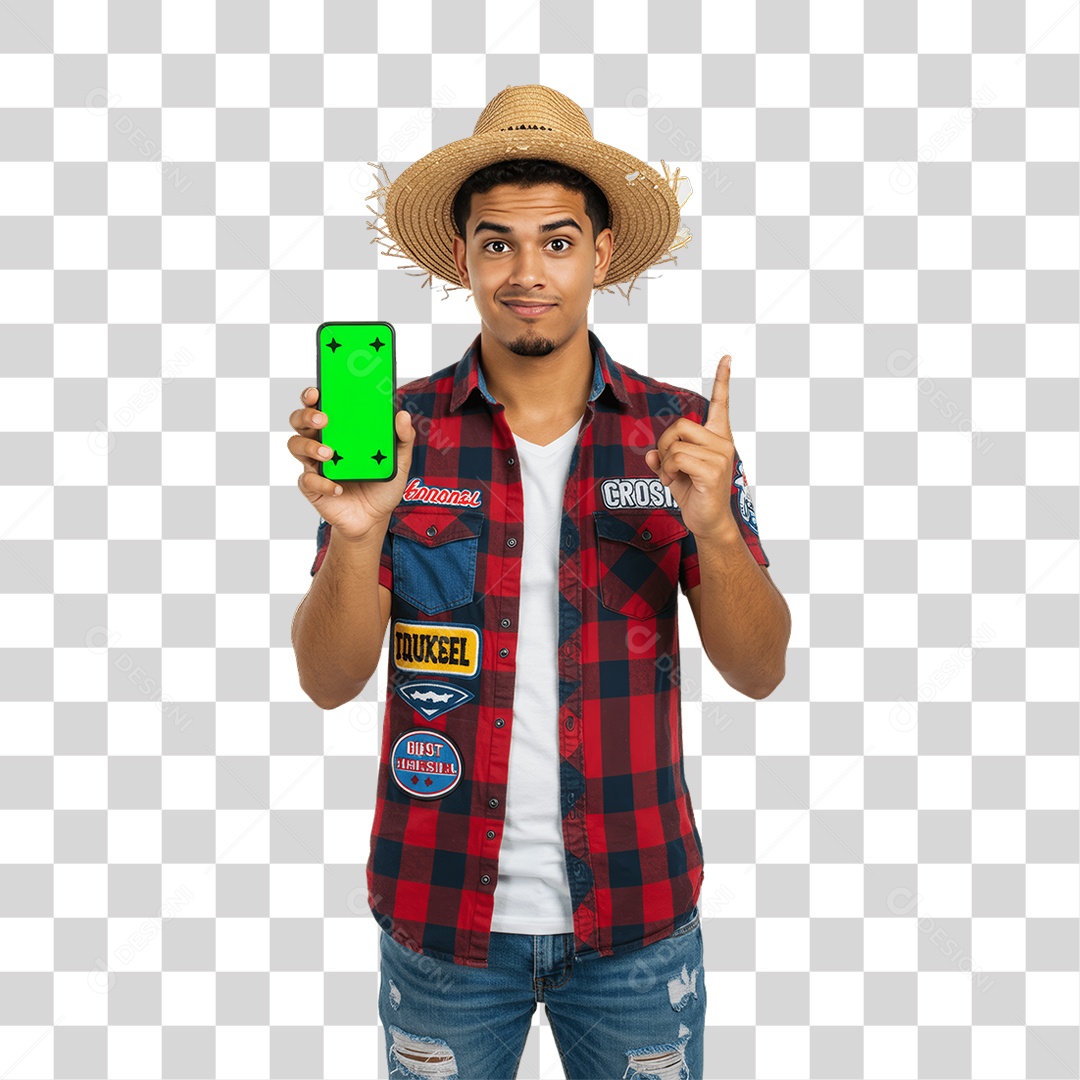 Homem com Roupa de Festa Junina Celular com Chroma Key PNG Transparente