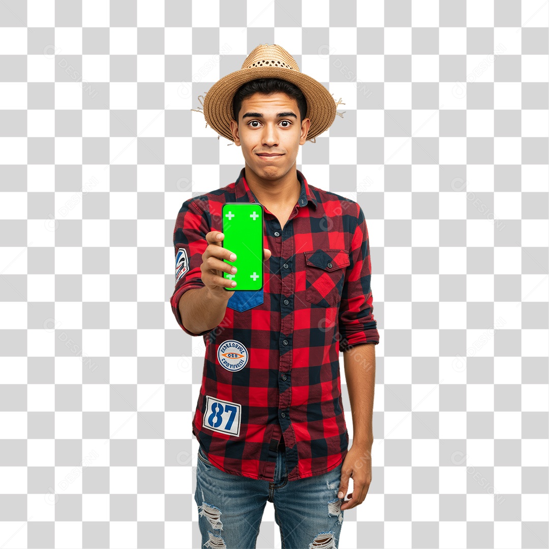 Homem com Roupa de Festa Junina Celular com Chroma Key PNG Transparente